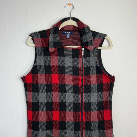 CHAPS Ralph Lauren Buffalo Check Plaid Red Black Asymmetrical Full Zip Vest Sz M - Picture 5 of 13